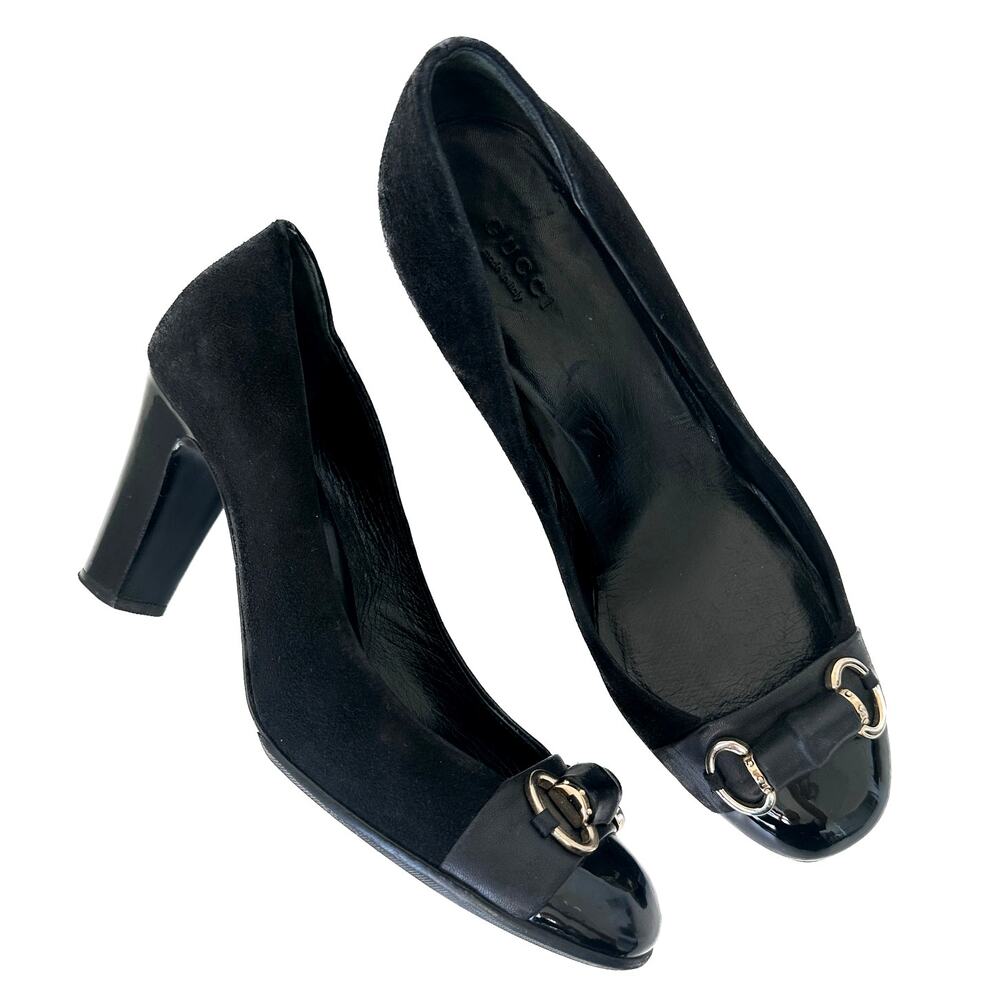 Gucci Classic Black Suede Pumps Bamboo Horsebit Cap Toe IT 39